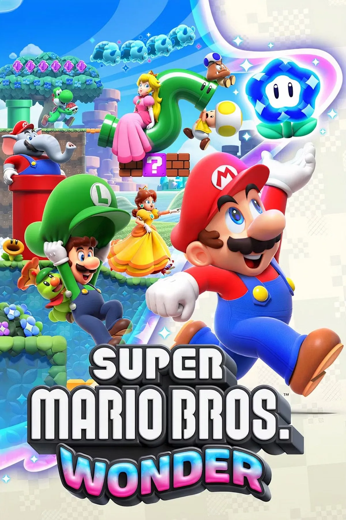 Ảnh bìa game Super Mario Bros. Wonder với Mario và các nhân vật khác