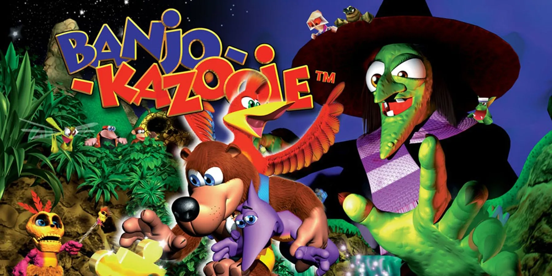 Ảnh bìa gốc của game Banjo-Kazooie, với Banjo và Kazooie sẵn sàng cho cuộc phiêu lưu