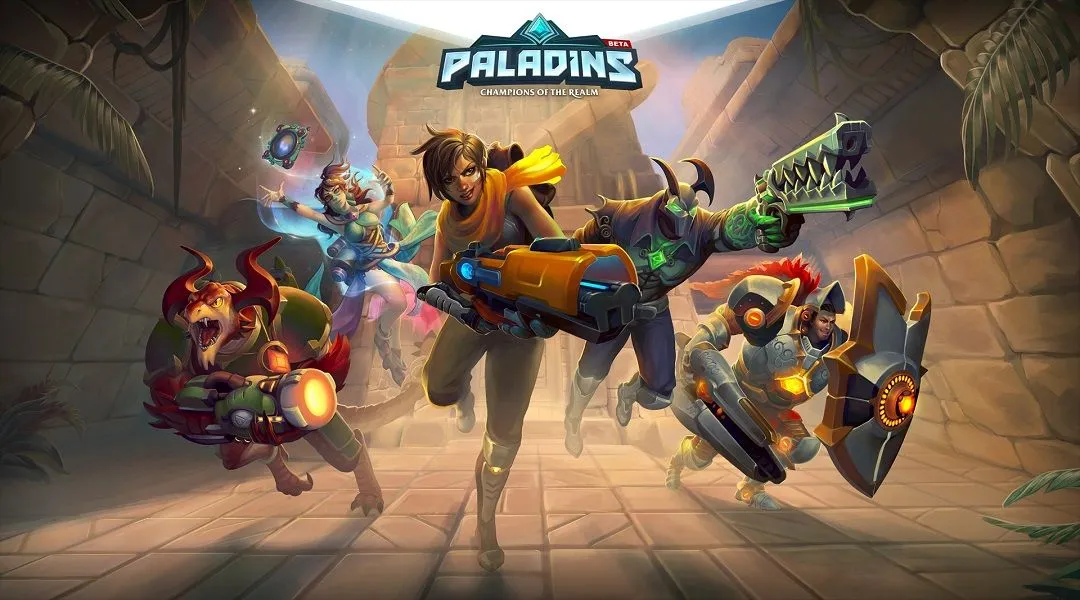 Ảnh bìa tựa game hero shooter miễn phí Paladins: Champions of the Realm, giới thiệu các anh hùng và đồ họa sống động.