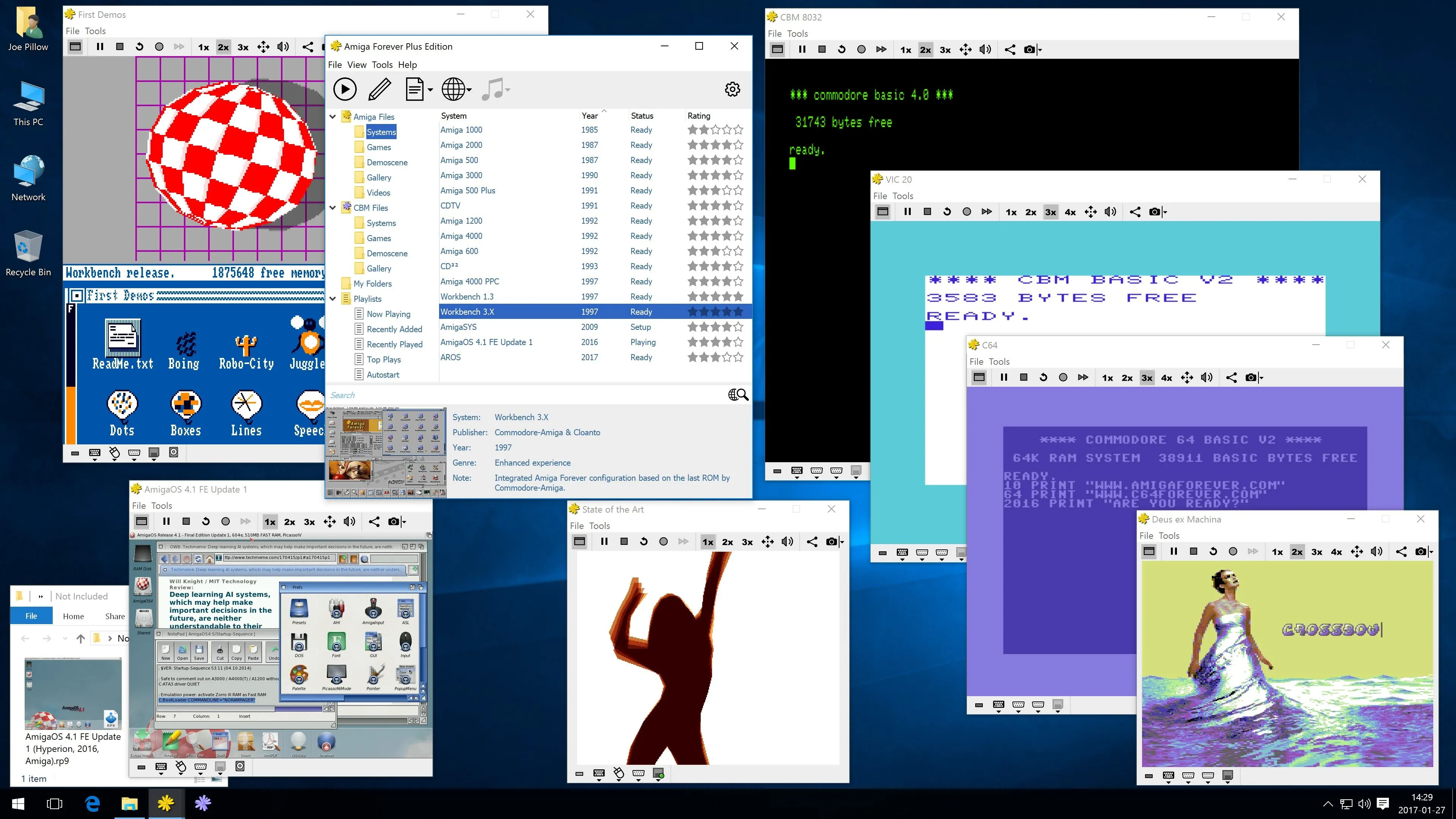 Ảnh chụp màn hình Amiga Forever với nhiều ứng dụng Amiga đang mở trên desktop, gợi nhớ giao diện cổ điển