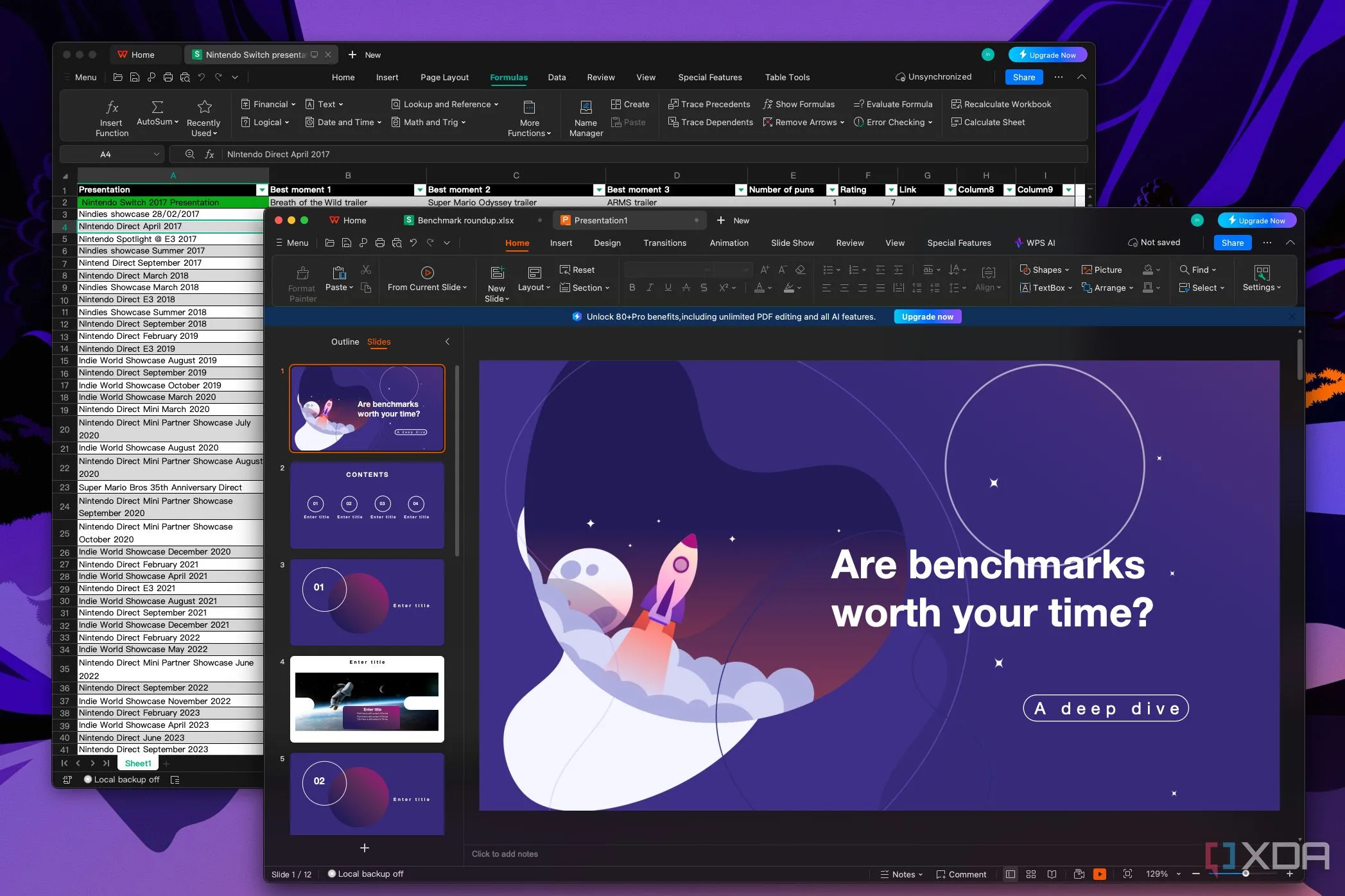 Ảnh chụp màn hình các cửa sổ WPS Office cho thấy khả năng làm việc với nhiều tài liệu và không gian làm việc riêng biệt