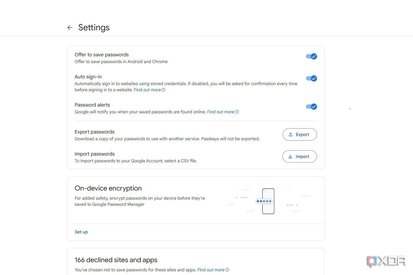 Ảnh chụp màn hình cài đặt Google Password Manager trên máy tính, minh họa khả năng đồng bộ đa thiết bị