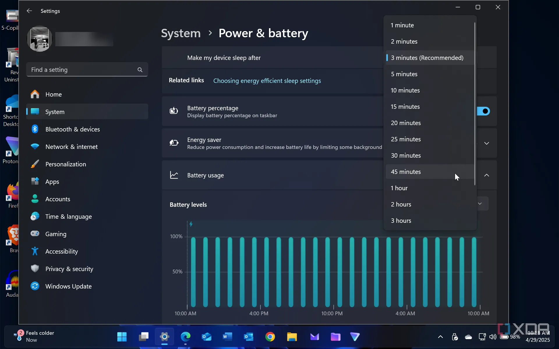 Ảnh chụp màn hình cài đặt Nguồn và pin (Power &amp; battery) trên Windows 11 giúp điều chỉnh chế độ năng lượng.