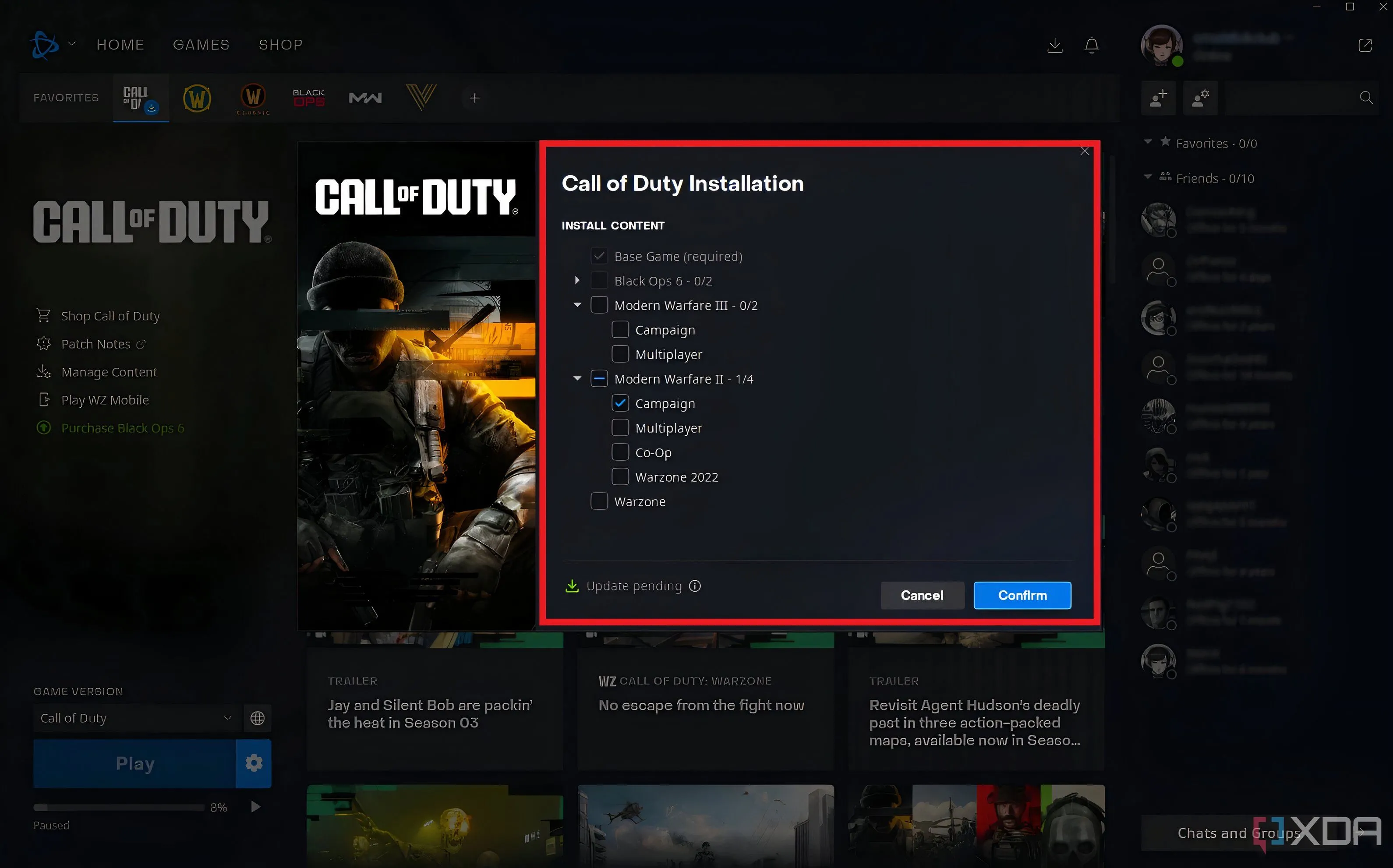 Ảnh chụp màn hình cài đặt tùy chỉnh đã sửa đổi cho Call of Duty trong trình khởi chạy Battle.net