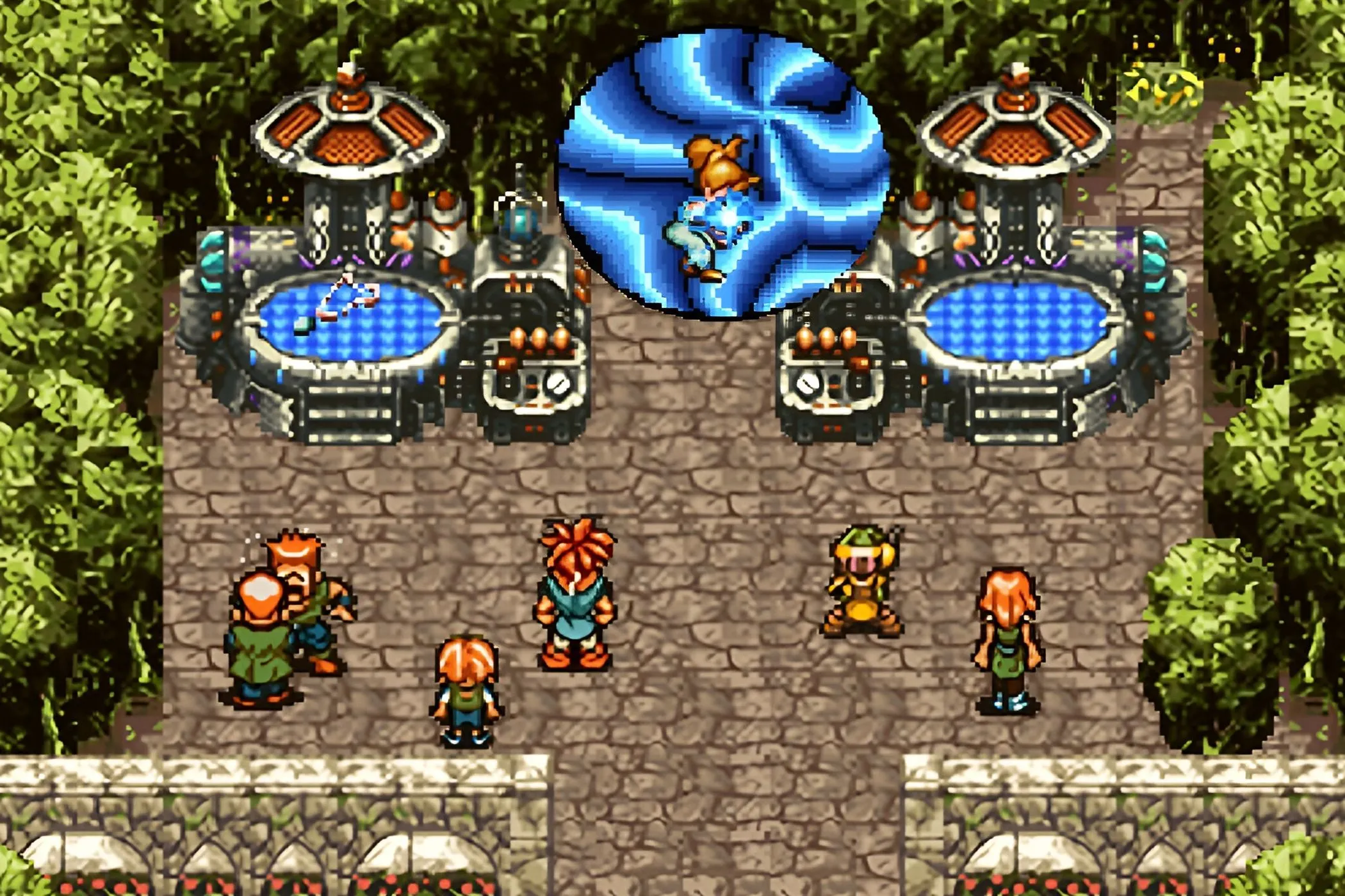 Ảnh chụp màn hình game Chrono Trigger với nhân vật 2D và cổng không gian màu xanh