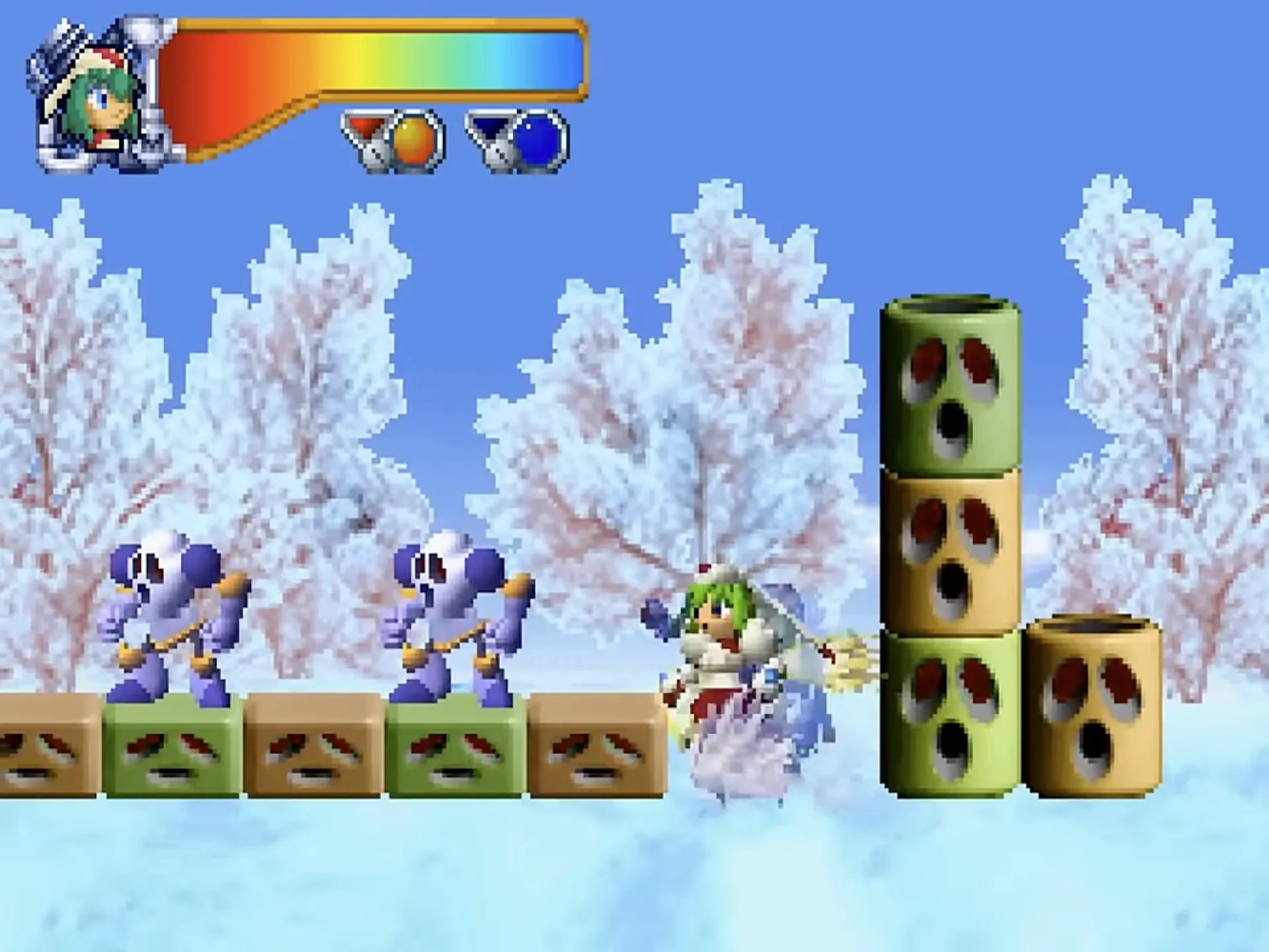 Ảnh chụp màn hình game platformer 2D Mischief Makers trên Nintendo 64, với nhân vật chính Marina đang thực hiện hành động.