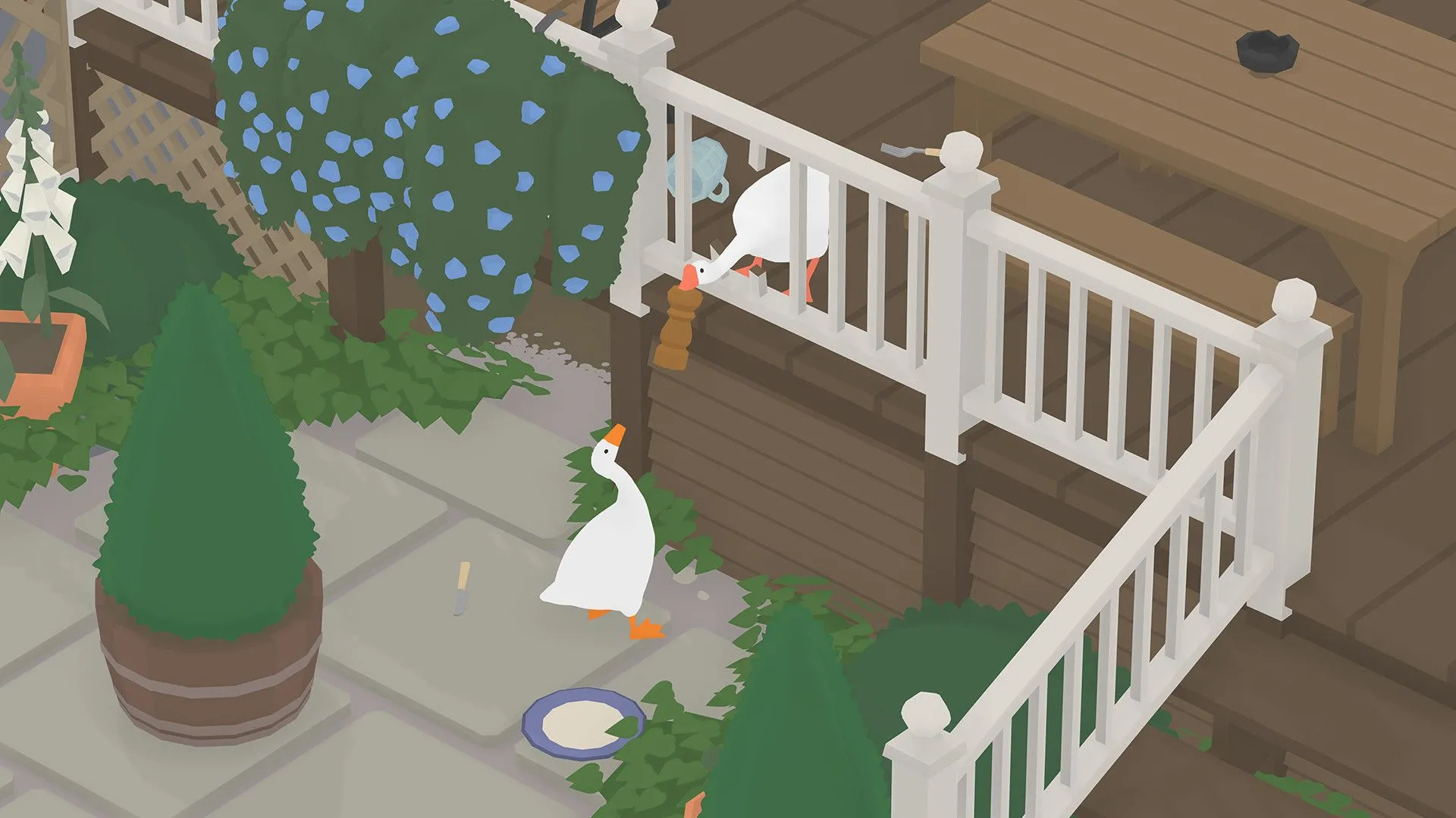 Ảnh chụp màn hình game Untitled Goose Game, thể hiện thế giới game đa dạng và việc người chơi mới cần làm quen với các quy tắc cơ bản, bao gồm cả việc theo dõi bản đồ mini