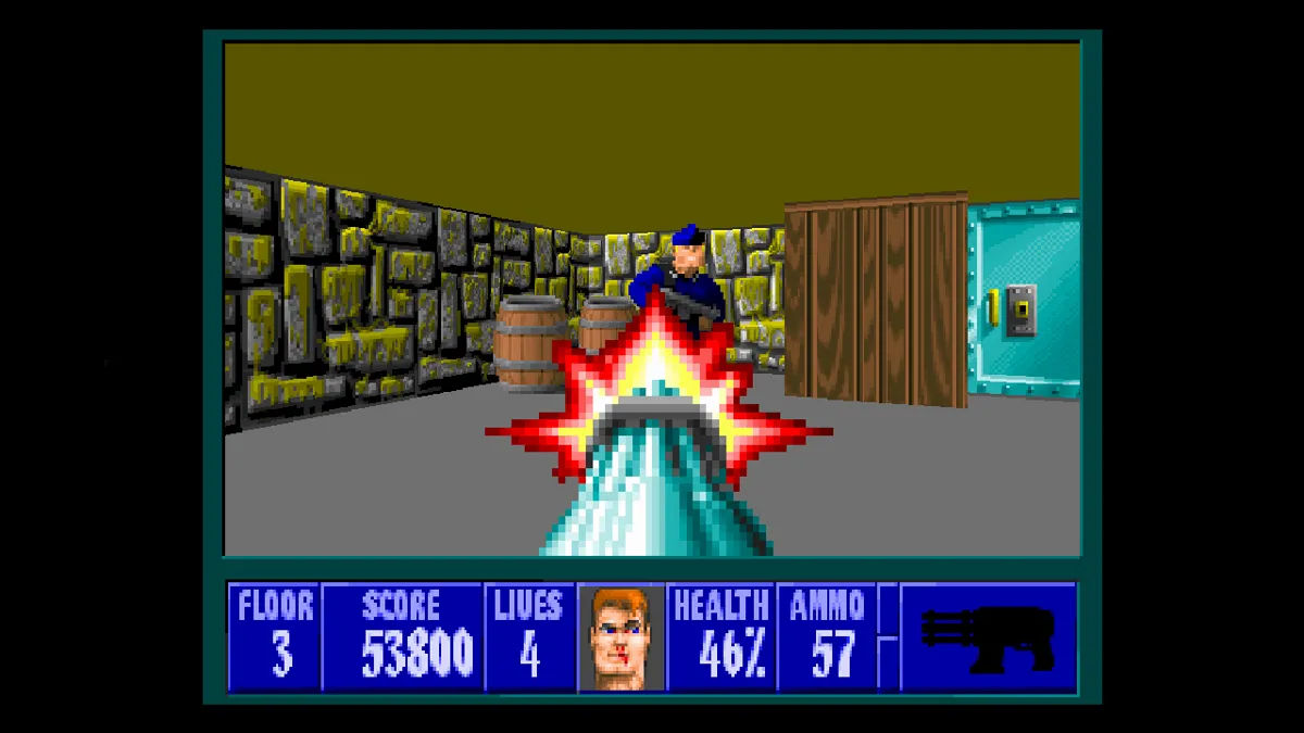Ảnh chụp màn hình game Wolfenstein 3D với góc nhìn thứ nhất, minh họa đồ họa 3D đột phá năm 1992