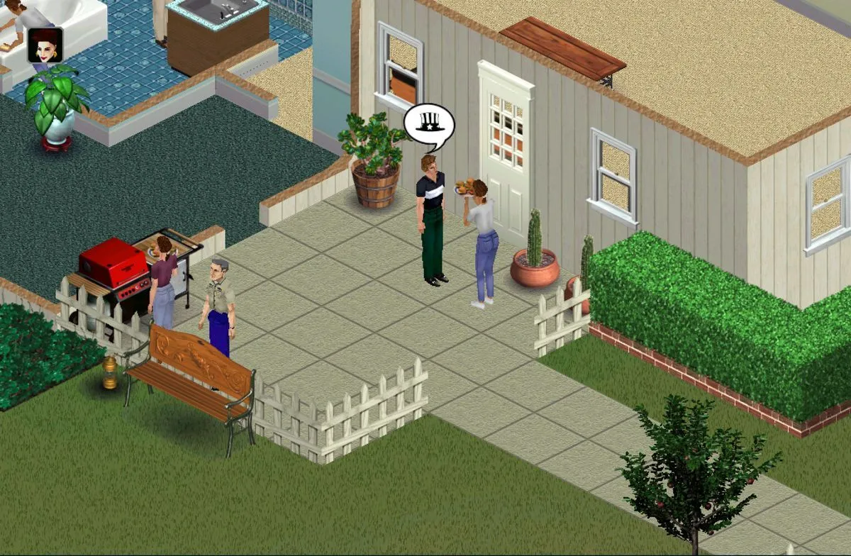Ảnh chụp màn hình gameplay cổ điển của The Sims, nơi người chơi xây dựng nhà và điều khiển các Sim trong cuộc sống hàng ngày.
