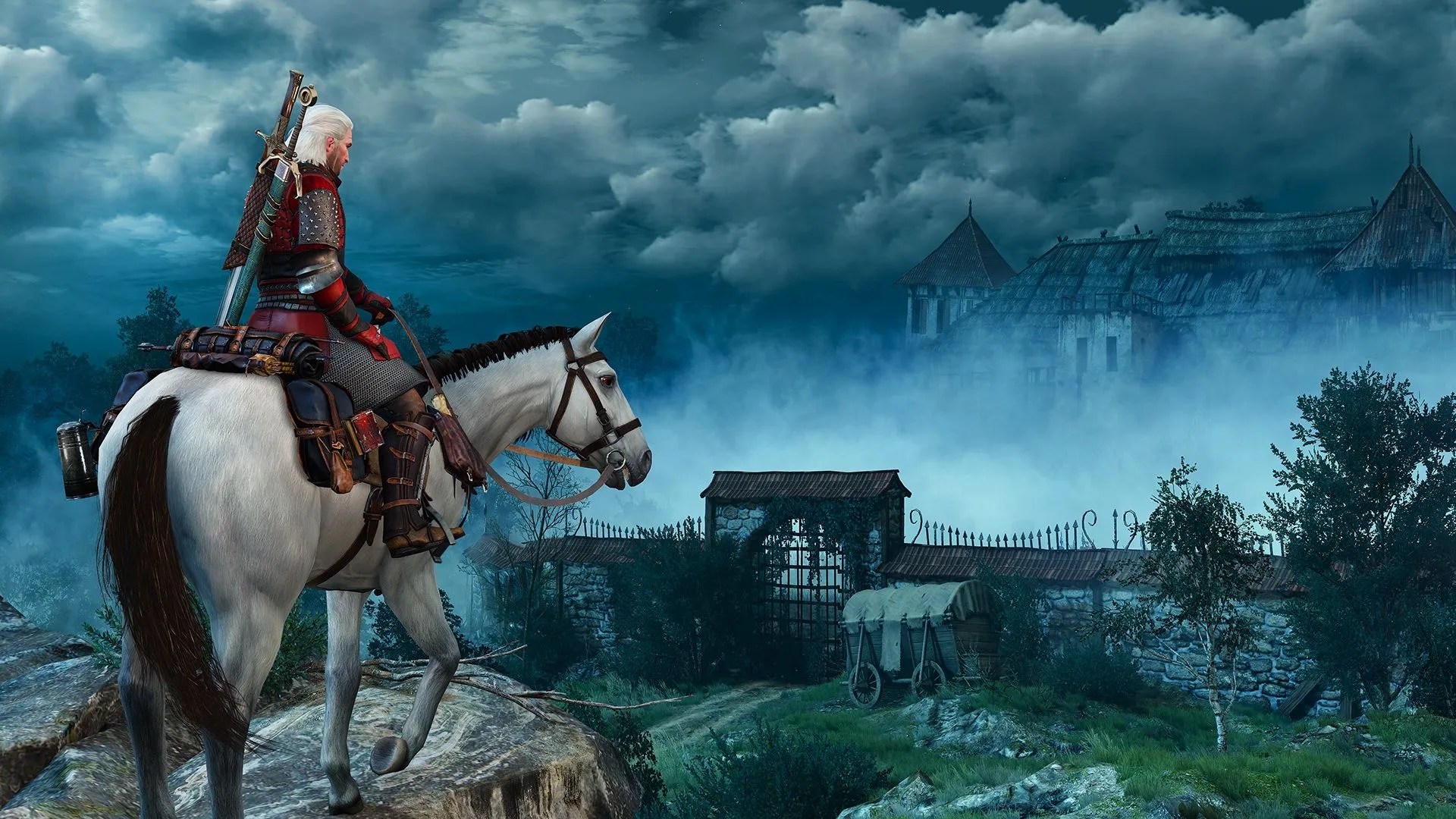 Ảnh chụp màn hình gameplay của The Witcher 3: Wild Hunt với nhân vật Geralt trong bối cảnh thế giới mở rộng lớn