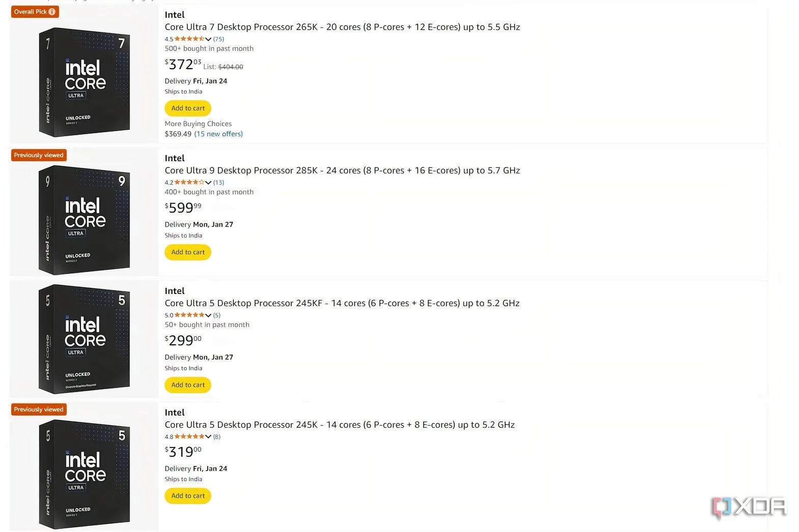 Ảnh chụp màn hình giá CPU Intel Core Ultra trên Amazon, minh họa cho vấn đề định giá