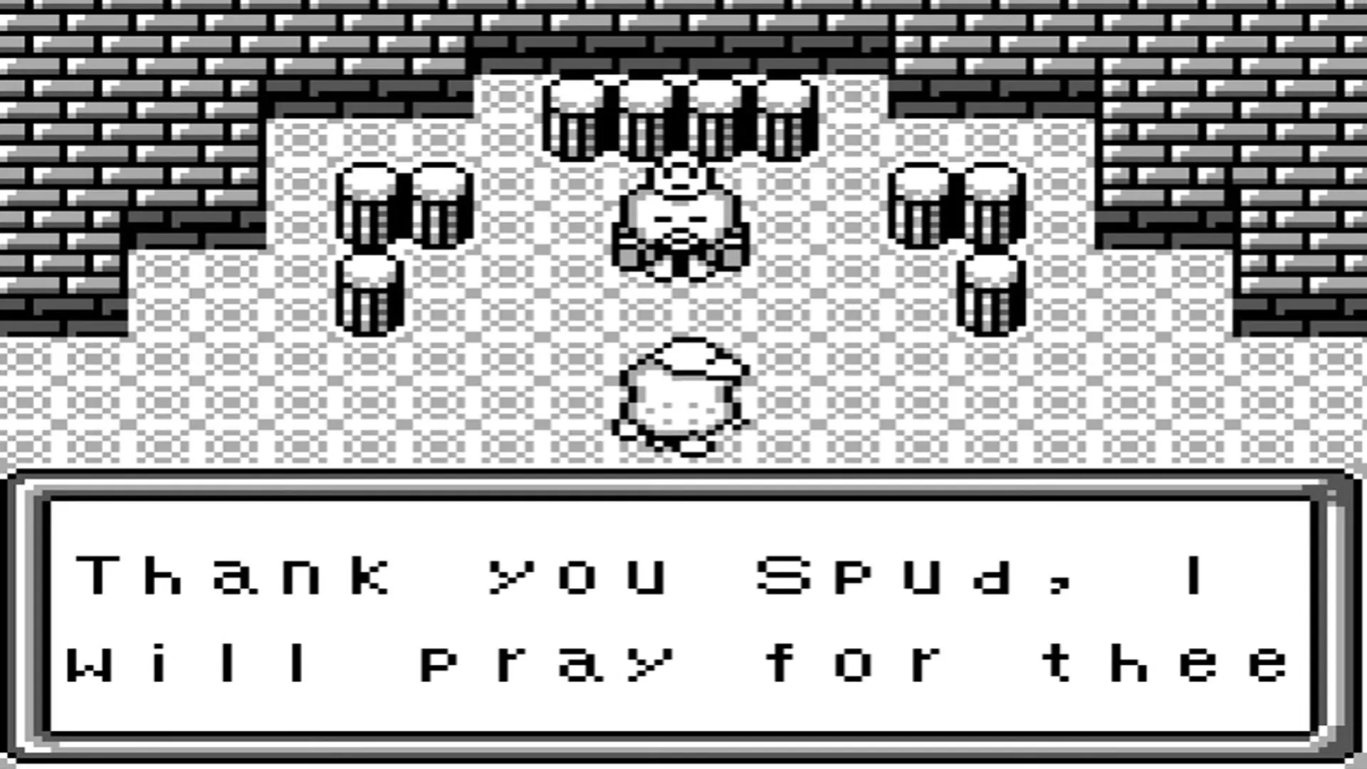 Ảnh chụp màn hình lối chơi từ góc nhìn từ trên xuống của Spud's Adventure trên Game Boy, với nhân vật chính Spud di chuyển qua màn hình đầy kẻ thù.