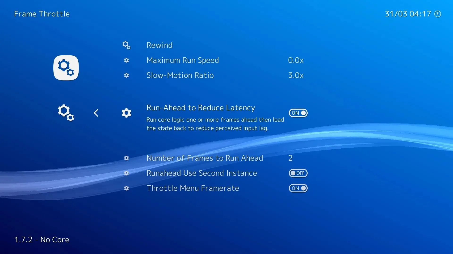 Ảnh chụp màn hình menu cài đặt tính năng Run Ahead trong RetroArch, hiển thị tùy chọn để điều chỉnh số khung hình.