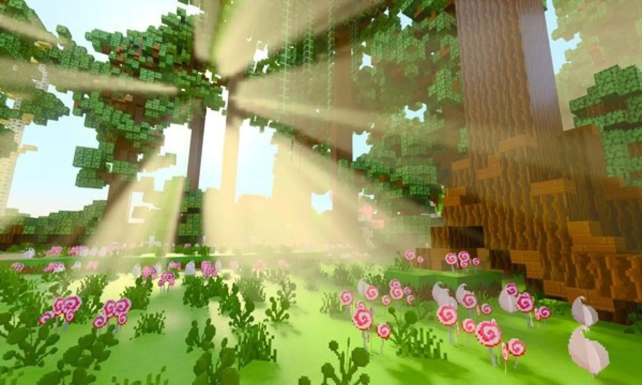 Ảnh chụp màn hình Minecraft RTX hiển thị thế giới khối vuông với hiệu ứng dò tia và ánh sáng sống động