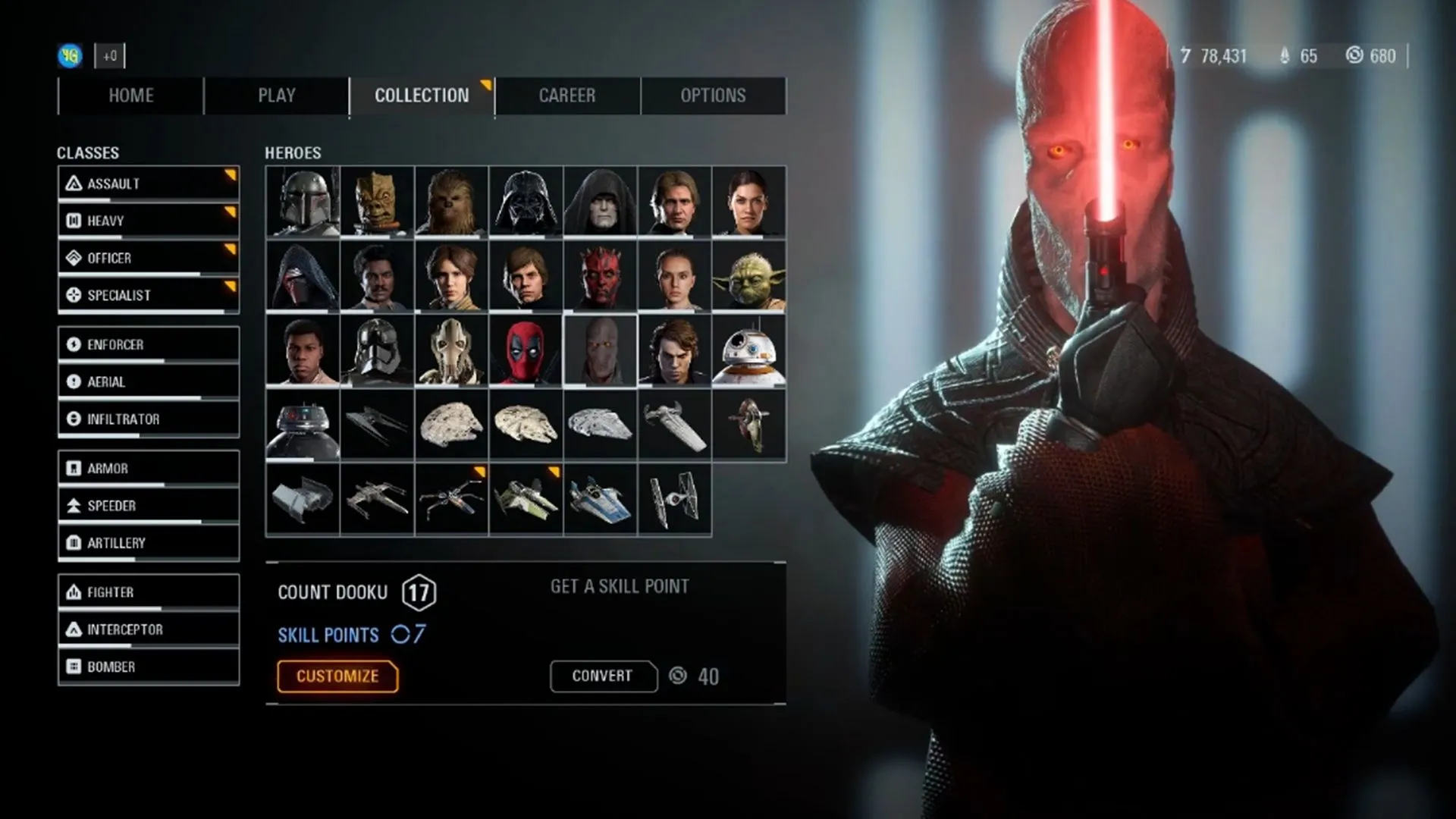 Ảnh chụp màn hình nhân vật Darth Plagueis từ một bản mod trong game Star Wars Battlefront 2.