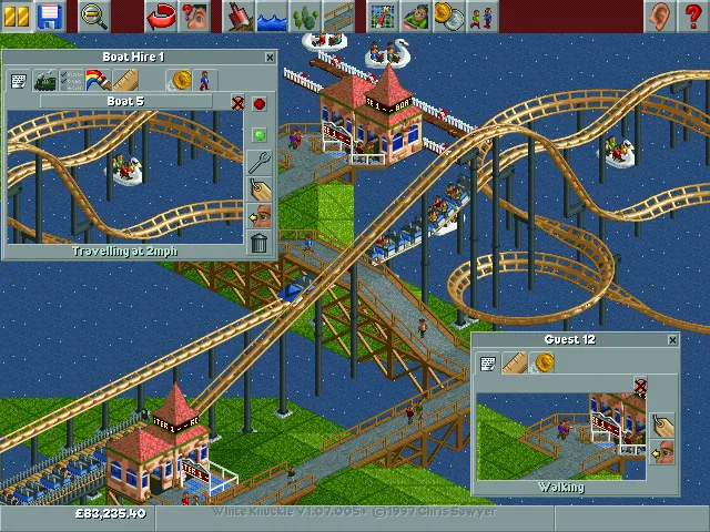 Ảnh chụp màn hình phát triển ban đầu của RollerCoaster Tycoon không có phong cảnh