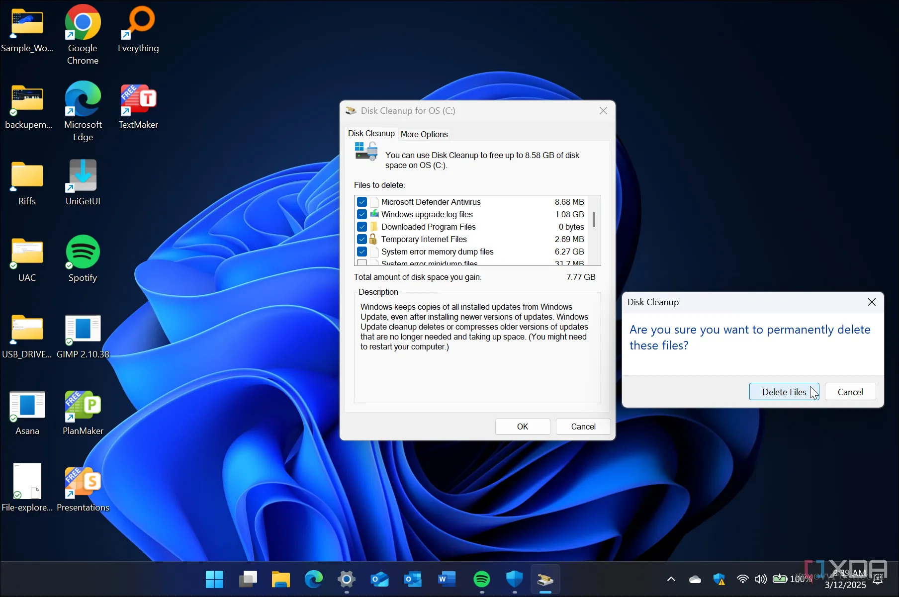 Ảnh chụp màn hình quy trình dọn dẹp ổ đĩa trên Windows 11, hiển thị các tùy chọn để xóa tệp hệ thống và tệp cũ nhằm giải phóng dung lượng SSD và cải thiện hiệu suất.