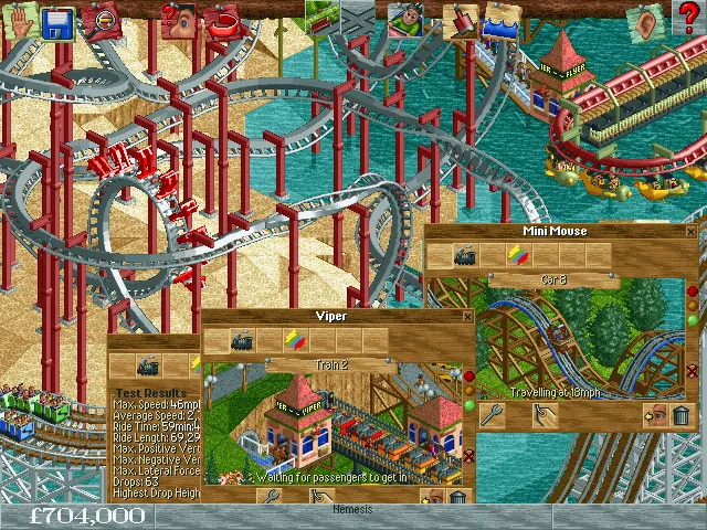 Ảnh chụp màn hình RollerCoaster Tycoon trong giai đoạn đầu phát triển, có sự xuất hiện của người chơi