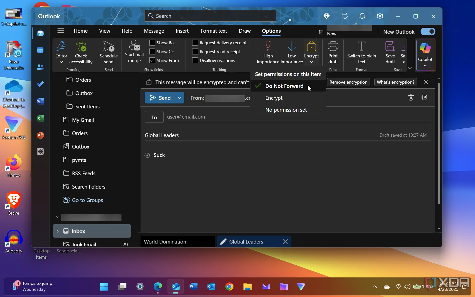 Ảnh chụp màn hình tính năng Do Not Forward trong Outlook trên Windows 11
