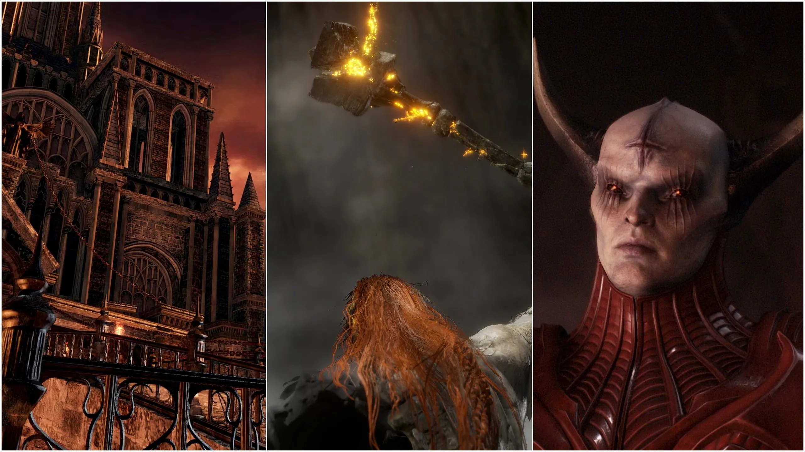 Ảnh chụp màn hình từ Dark Souls 2, Elden Ring và Doom: The Dark Ages, thể hiện thế giới game đa dạng của FromSoftware.