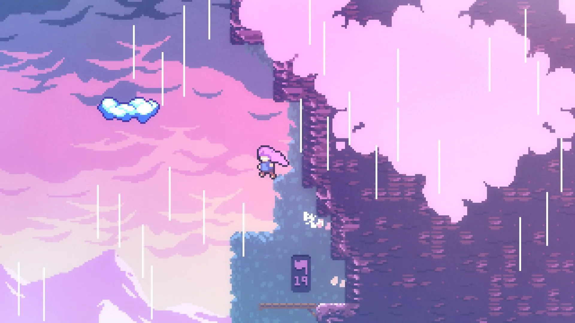 Ảnh chụp màn hình từ game Celeste, nhân vật chính đang nhảy lên đám mây trên sườn núi.