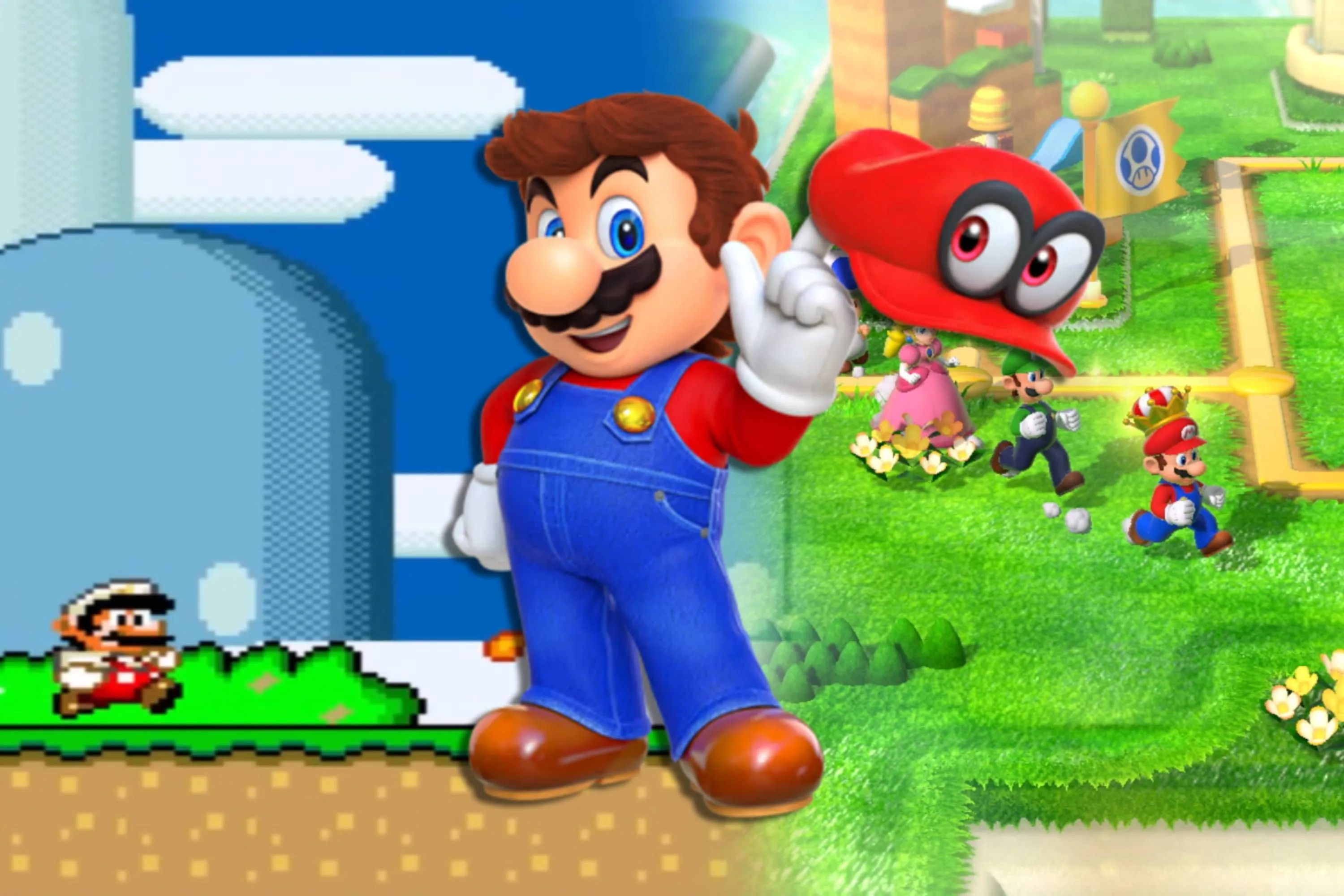 Ảnh chụp màn hình từ Super Mario World, Super Mario 3D và Mario từ Super Mario Odyssey