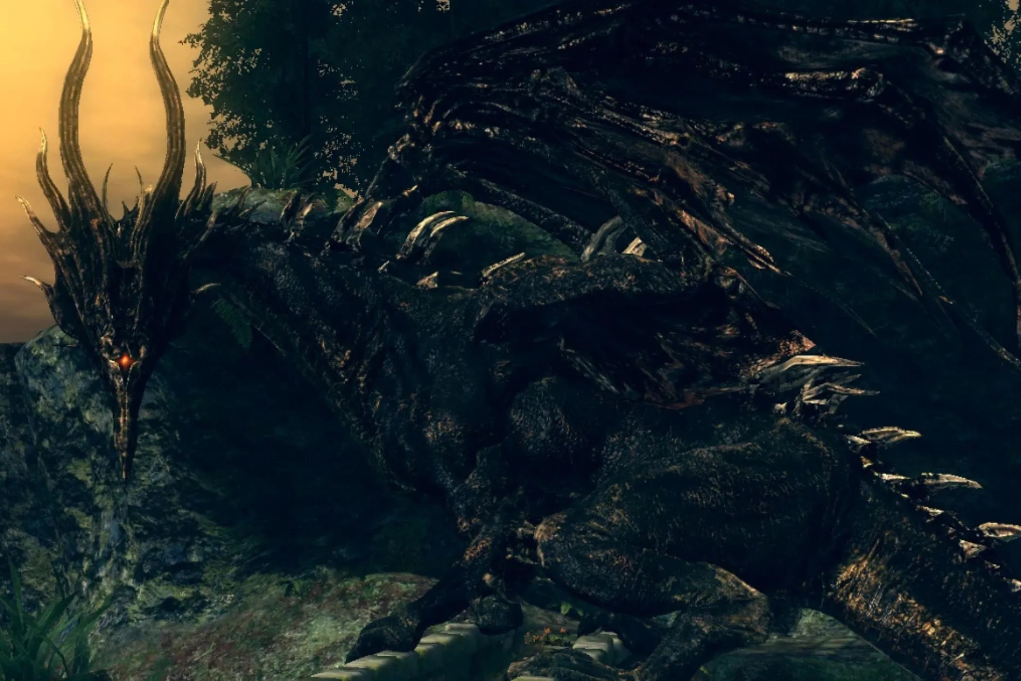Ánh mắt đáng sợ của Hắc Long Kalameet từ Dark Souls DLC, một thử thách rồng huyền thoại.