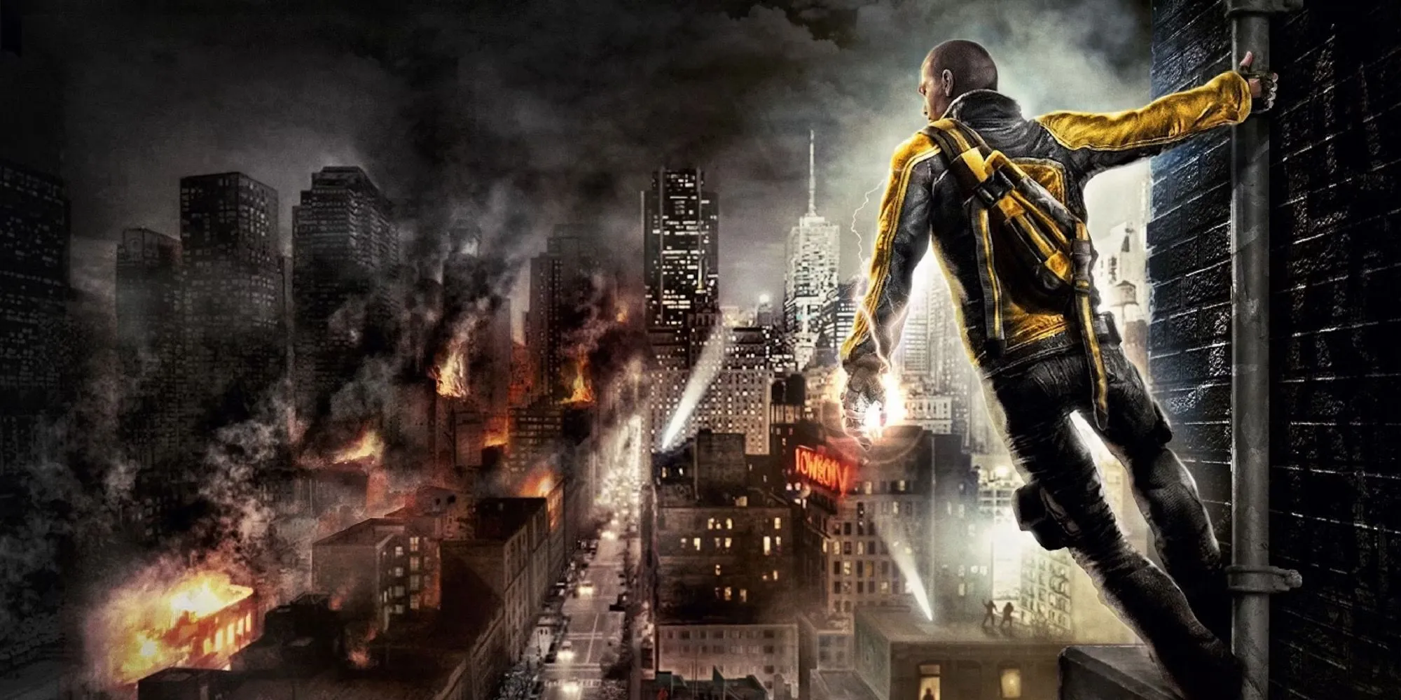 Ảnh quảng bá Cole trong Infamous, thể hiện sức mạnh phi thường