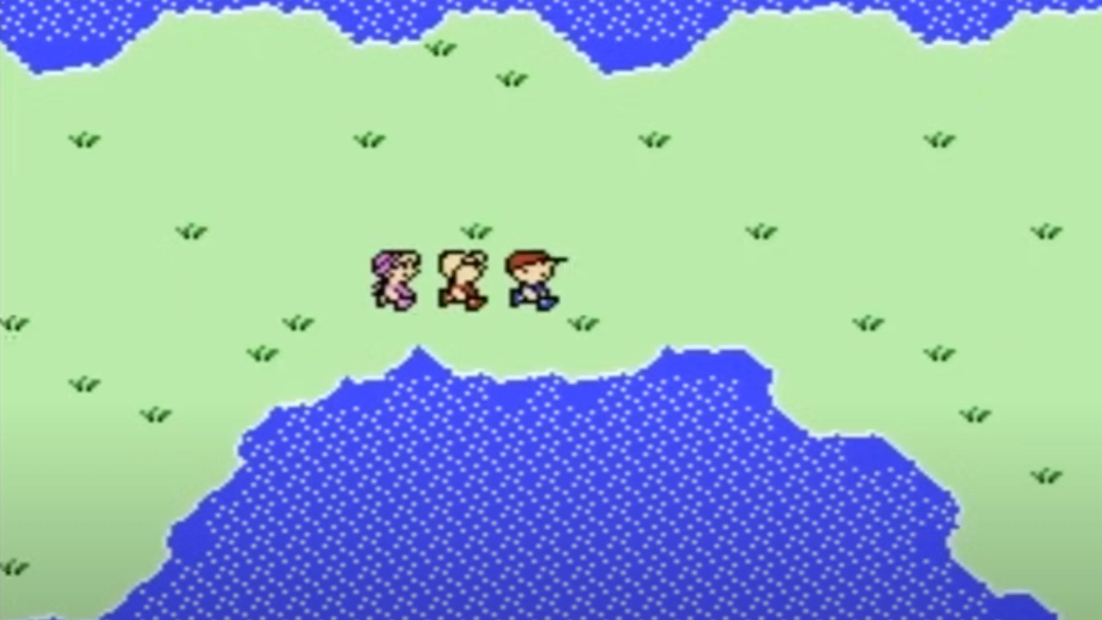 Ba nhân vật chính trong cảnh đi bộ của game Earthbound Beginnings