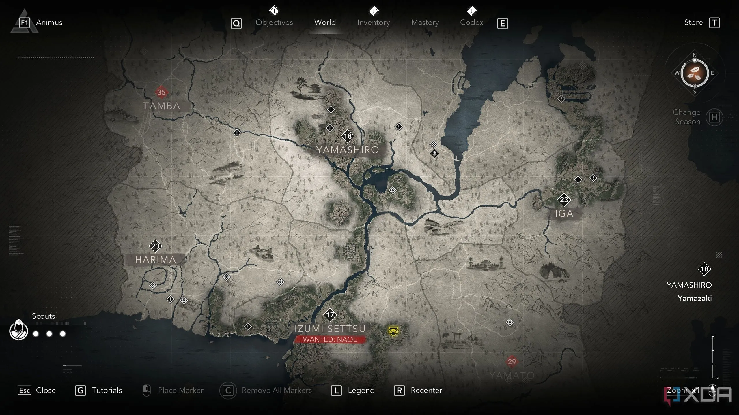 Bản đồ thế giới mở trong Assassin's Creed Shadows hiển thị các điểm Kakurega và Viewpoint