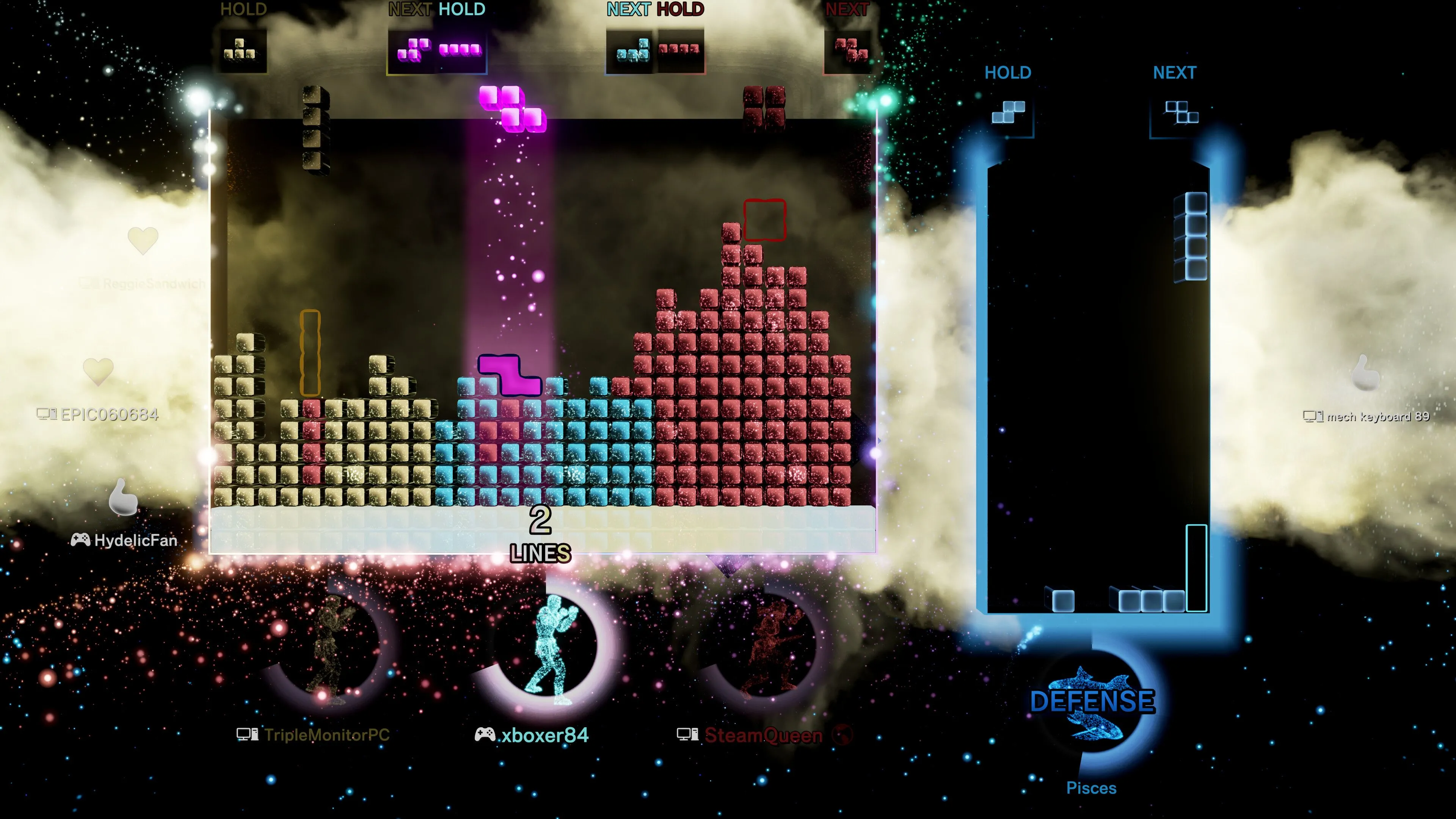 Bảng chơi Tetris lớn và bảng Tetris nhỏ trong game Tetris Effect