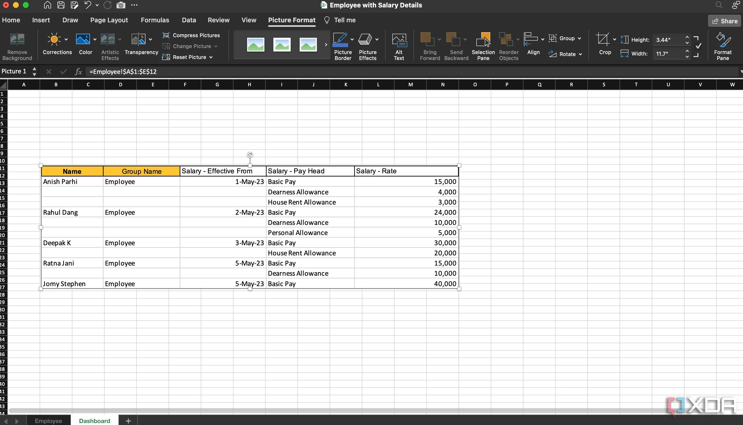 Bảng dữ liệu được dán dưới dạng hình ảnh động trong Excel bằng công cụ Camera