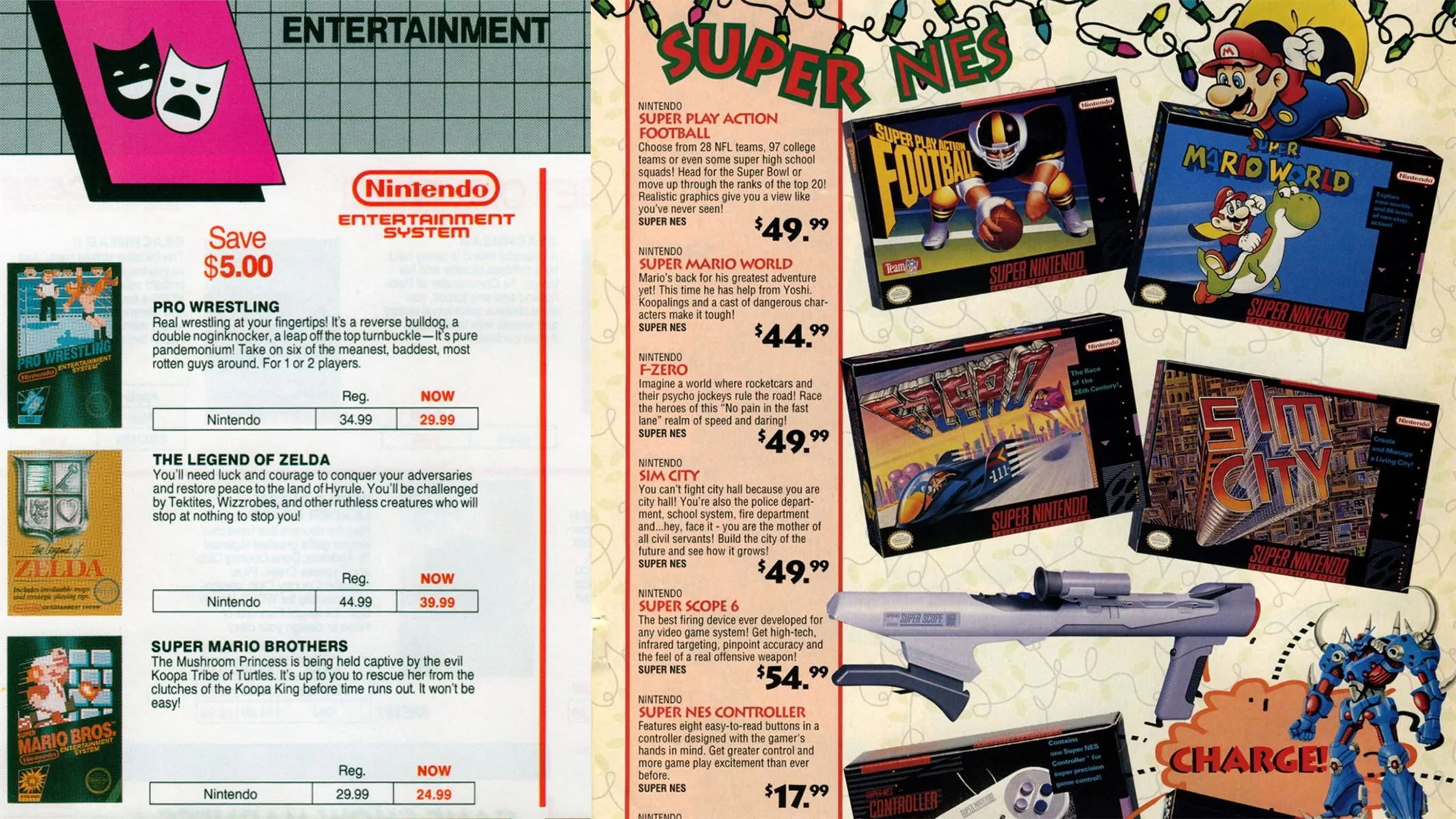 Bảng giá game NES và SNES từ Hugues Johnson, hiển thị giá bán lẻ và tên game.