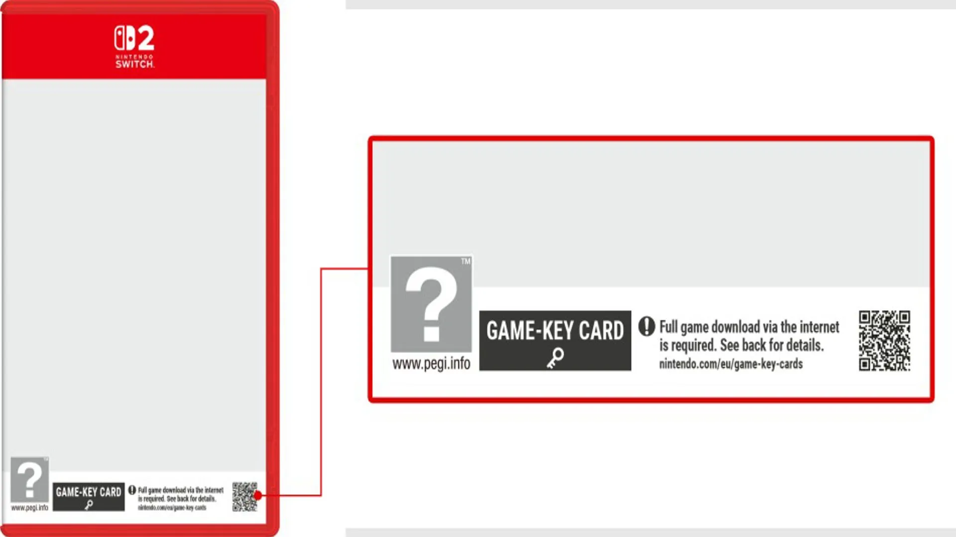 Bảng thông tin chi tiết về Game-Key card cho Nintendo Switch 2, giải thích yêu cầu dung lượng và kết nối internet để tải game.