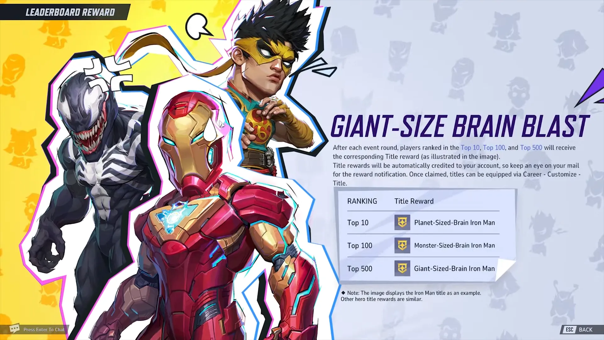 Bảng xếp hạng sự kiện Giant-Size Brain Blast trong Marvel Rivals hiển thị danh hiệu và thứ hạng