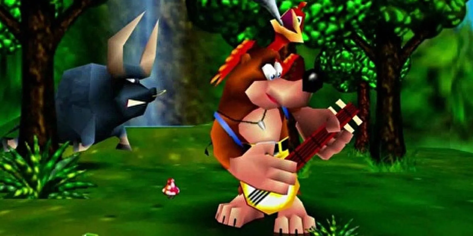 Banjo đang chơi đàn banjo và Kazooie vui vẻ nhảy múa trong một cảnh quay đặc trưng của game Banjo-Kazooie