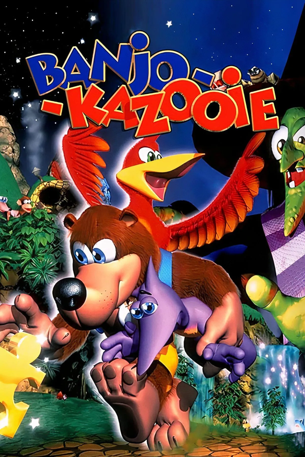 Banjo và Kazooie đang khám phá một khu vực nhiều cây cối và hoa lá rực rỡ trong game platformer 3D Banjo-Kazooie