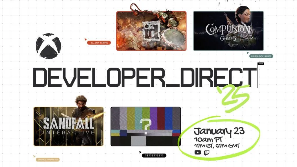 Banner quảng cáo sự kiện Xbox Developer_Direct 2025 hiển thị logo Xbox và ba tựa game sắp ra mắt: South of Midnight, DOOM The Dark Ages, Clair Obscur Expedition 33 cùng ngày diễn ra sự kiện
