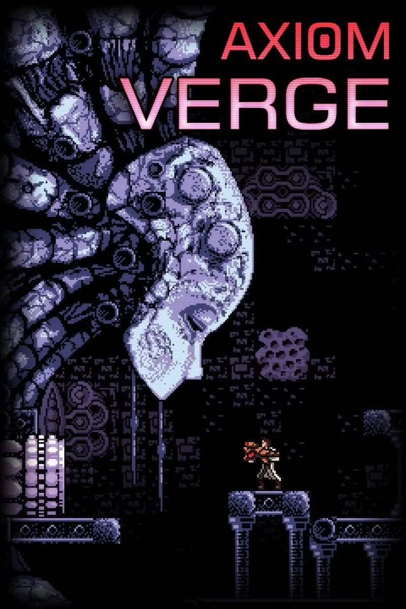 Bìa game Axiom Verge, tựa game Metroidvania khoa học viễn tưởng kinh điển do một nhà phát triển duy nhất tạo ra.