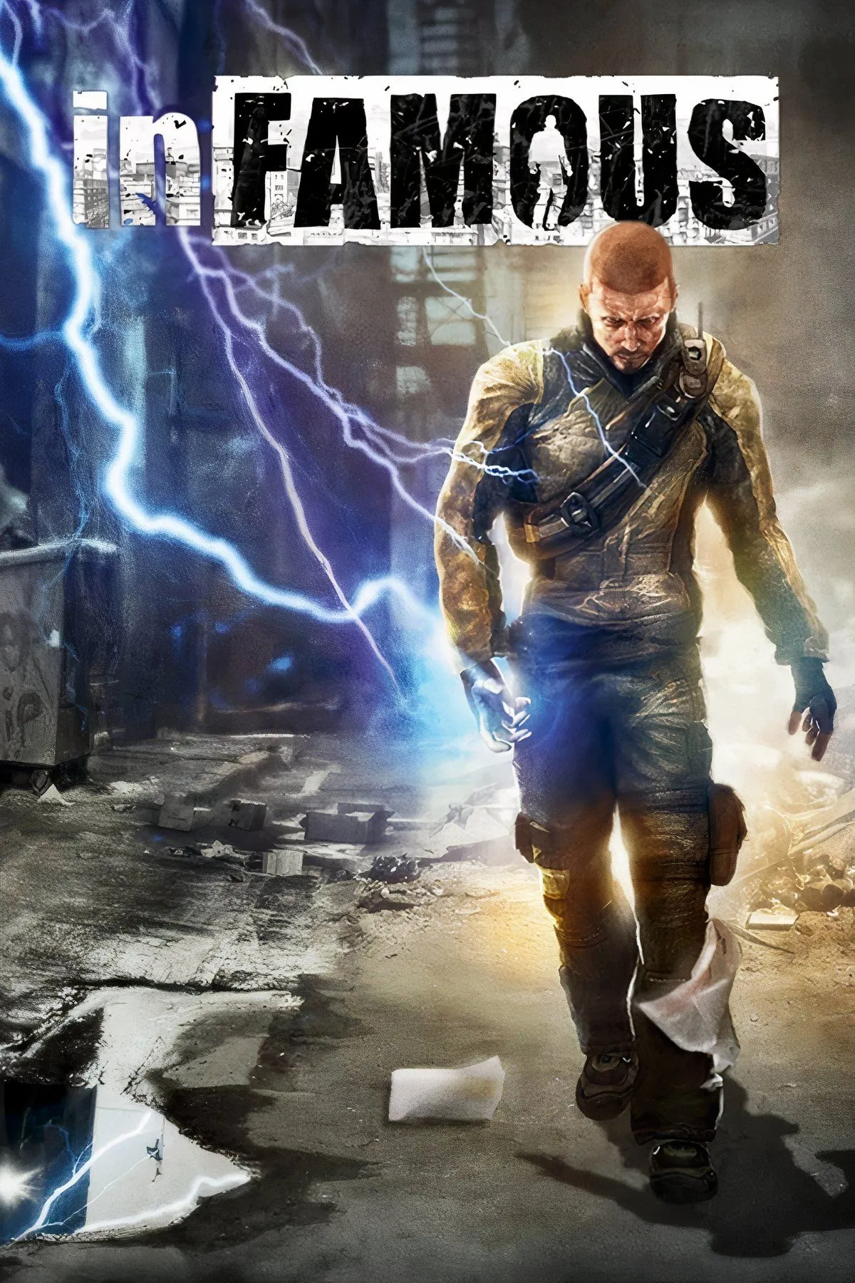 Bìa game Infamous với nhân vật chính Cole McGrath sử dụng siêu năng lực điện