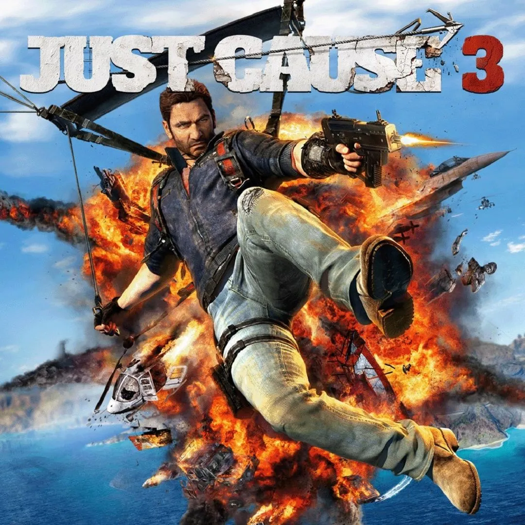 Bìa game Just Cause 3, thể hiện nhân vật chính Rico Rodriguez với khả năng phá hủy siêu phàm.