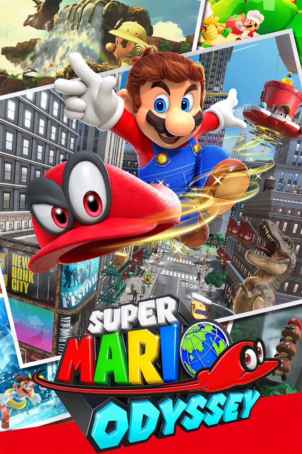 Bìa game Super Mario Odyssey với Mario và Cappy khám phá thế giới rực rỡ.