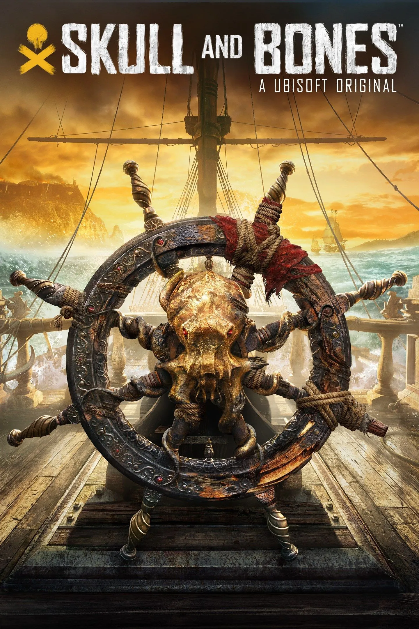 Bìa hộp game Skull &amp; Bones với hình ảnh tàu cướp biển trên biển khơi.