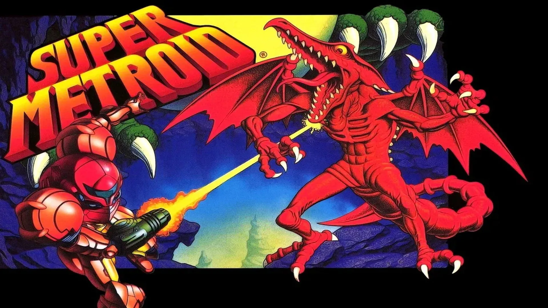 Bìa hộp game Super Metroid trên Super Nintendo, thể hiện Samus Aran đứng oai vệ cùng hình ảnh phi thuyền và các kẻ thù.