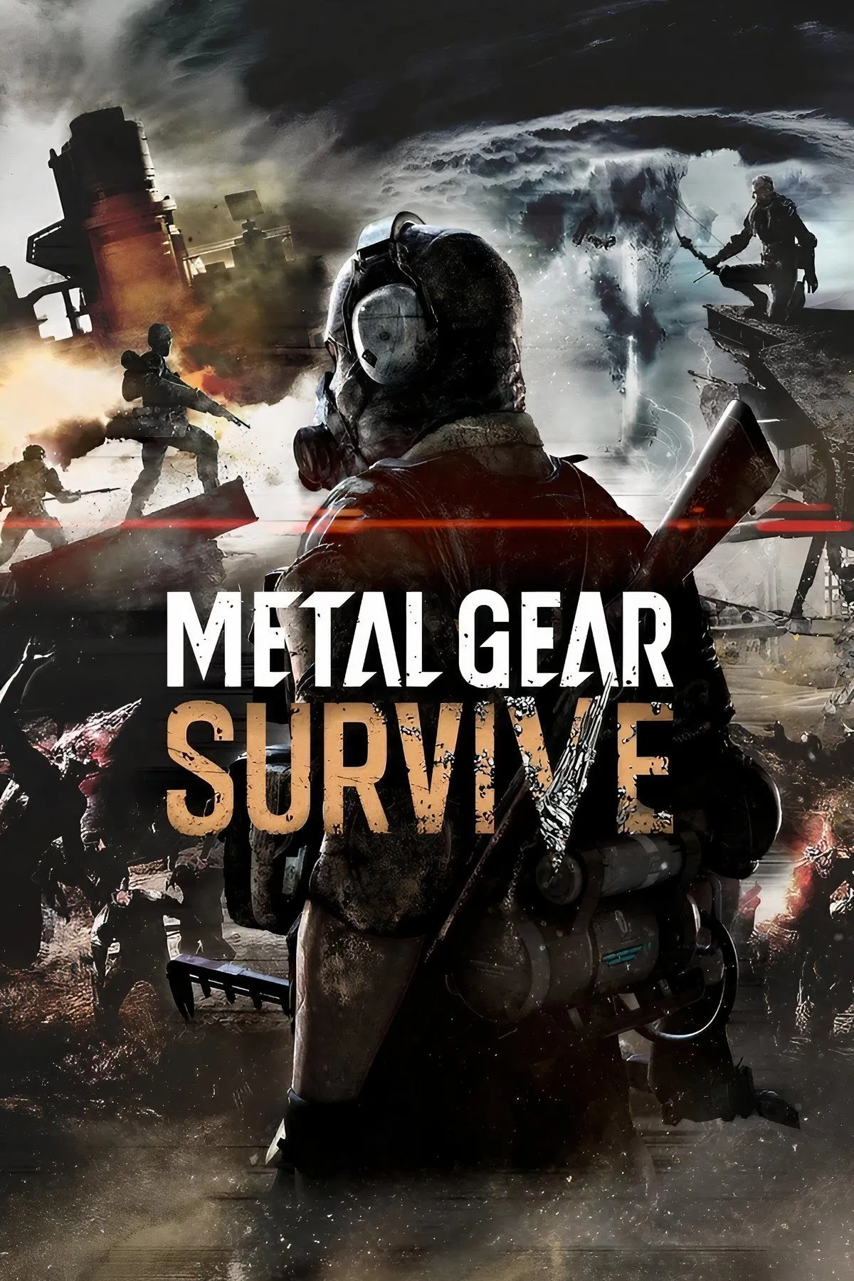 Bìa nghệ thuật của Metal Gear Survive, hiển thị nhân vật chính đối mặt với các sinh vật zombie