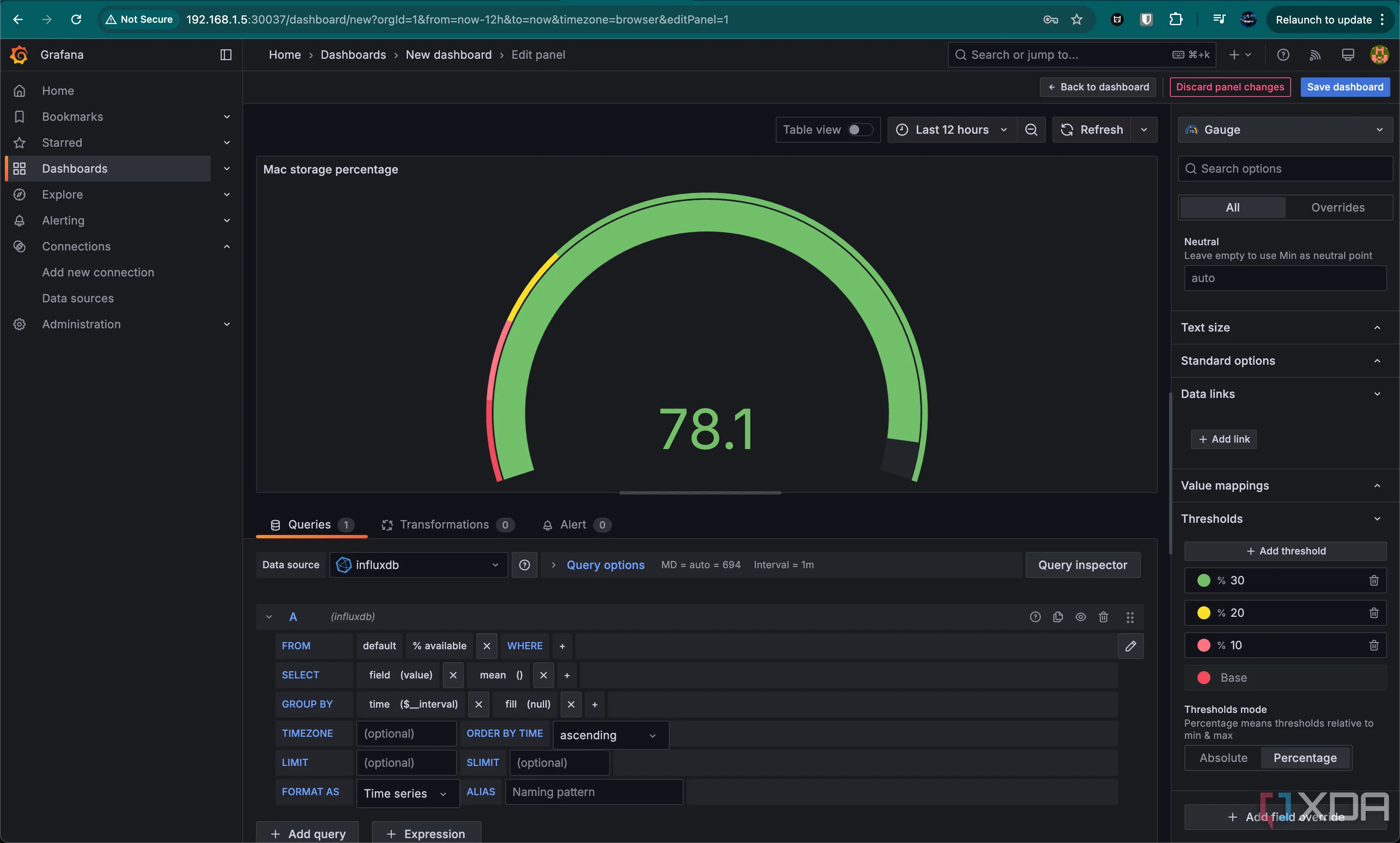 Biểu đồ Gauge đã hoàn thành trong Grafana, hiển thị phần trăm dung lượng lưu trữ với dải màu sắc trực quan