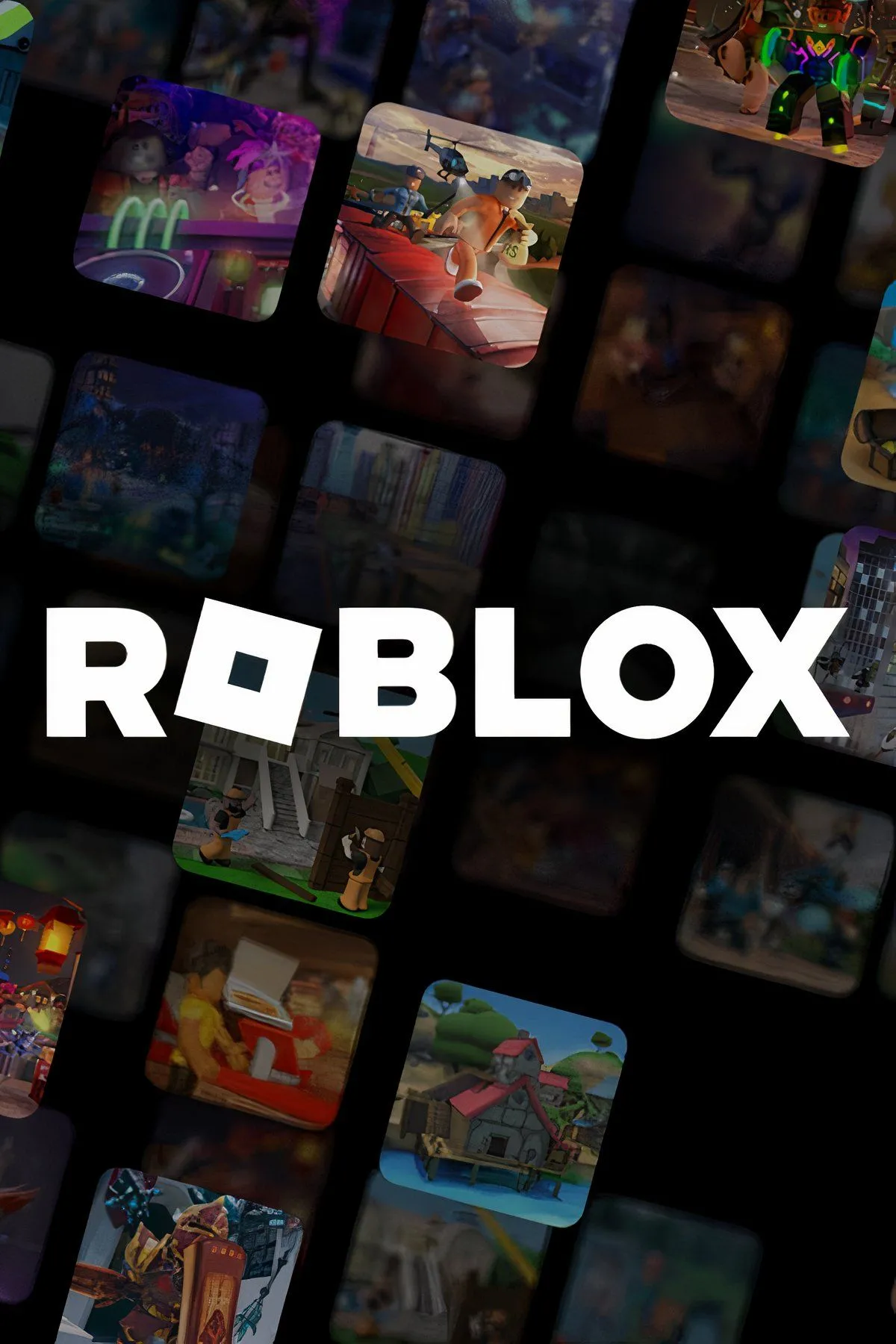 Biểu tượng Roblox và hình ảnh các nhân vật cùng môi trường game đa dạng