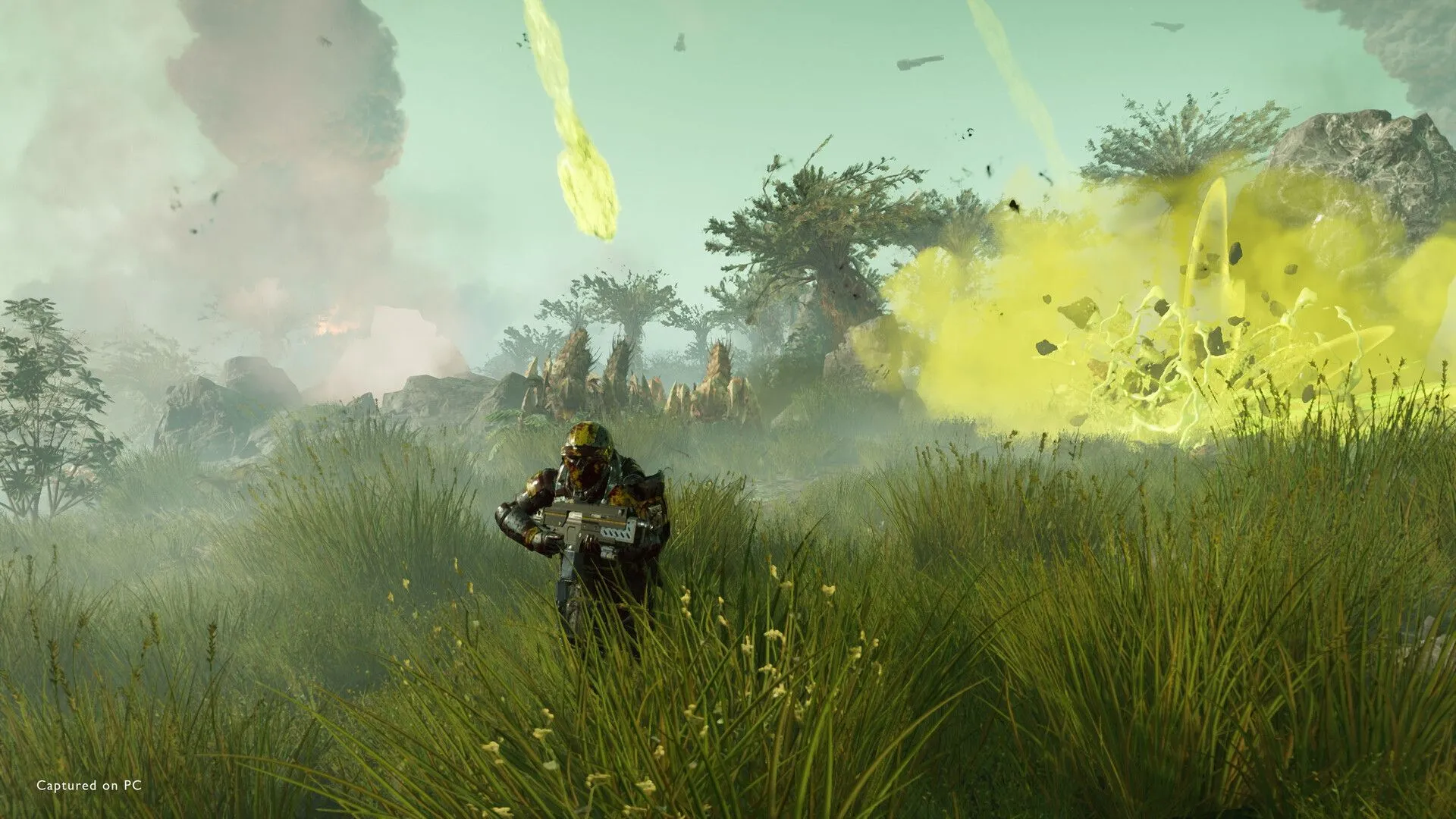 Binh sĩ Helldivers 2 chạy trên một cánh đồng cỏ rộng lớn