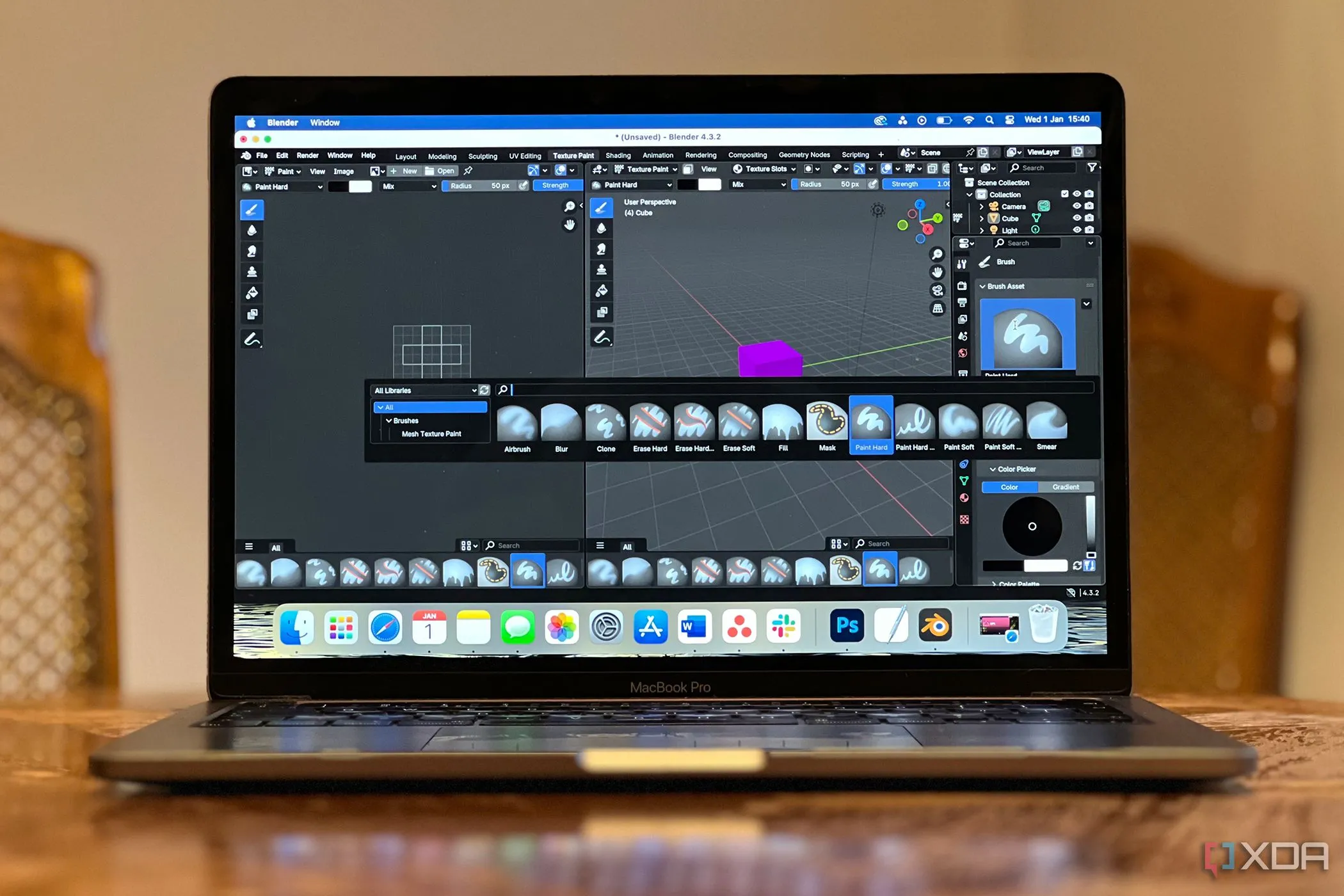 Blender, một phần mềm thiết kế 3D mã nguồn mở, đang chạy trên MacBook, minh họa các lựa chọn thay thế miễn phí cho phần mềm sáng tạo chuyên nghiệp