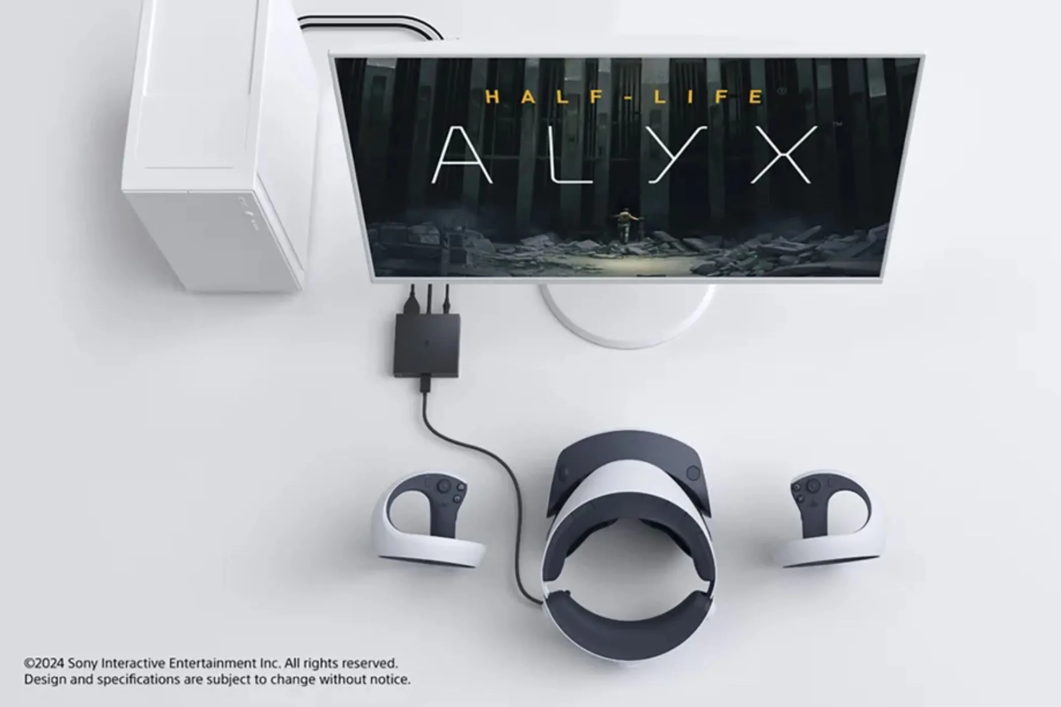 Bộ chuyển đổi PlayStation VR2 PC đang hoạt động cùng máy tính chạy game Half-Life: Alyx, minh họa cho yêu cầu phần cứng VR của tựa game spin-off này